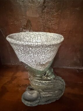 Handcrafted Raku Ceramic Crackle Glaze Chalice - White and Green